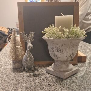 Creative Co-Op White Candle Holder with Greenery and Silver Accents
